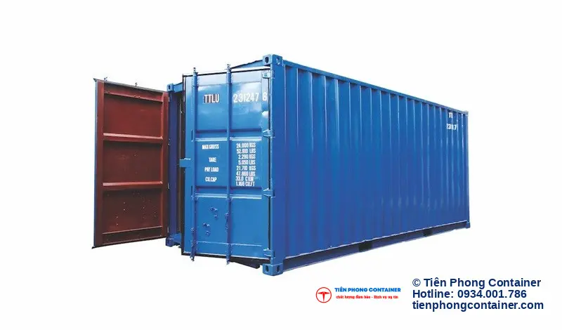 Container kho 20 feet màu xanh dương mở cửa, minh họa bố trí kho hàng bán online